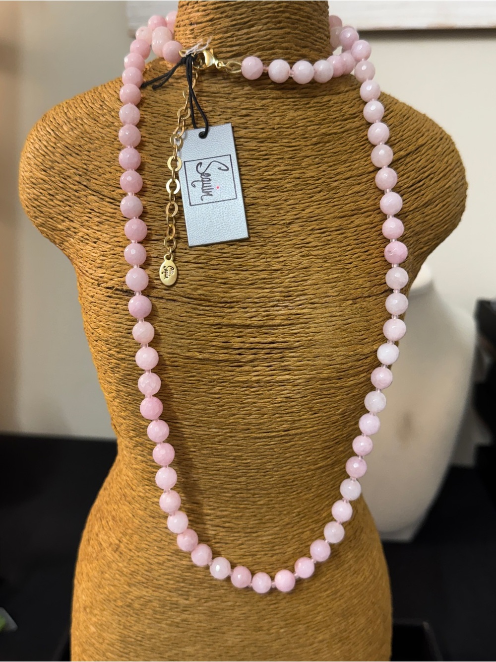 Beaded Light Pink agate Necklace with Gold Accents